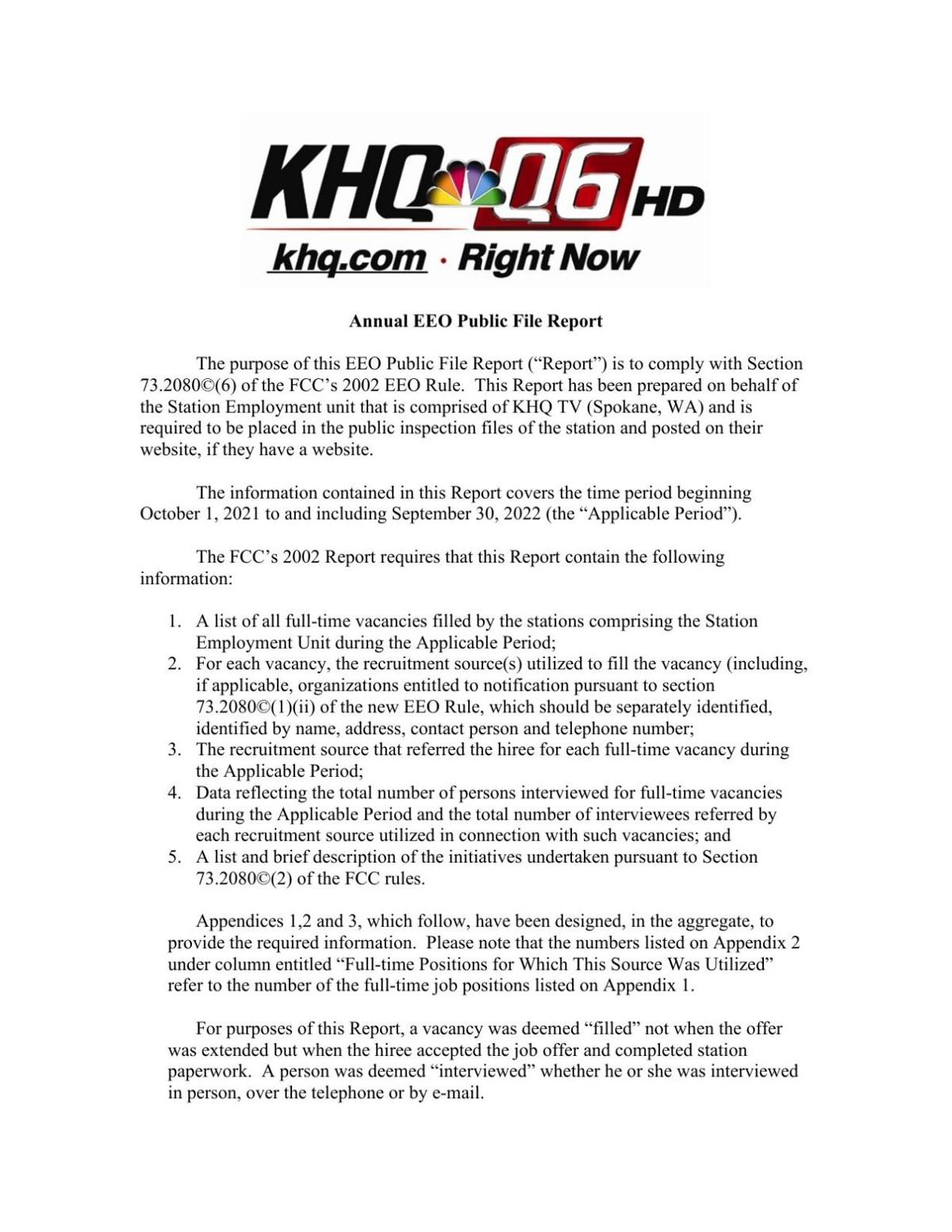 KHQ Annual EEO Public File Report 2022